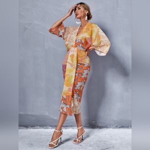 Vacation Floral & Paisley Print V Neck Batwing Sleeve Dress...